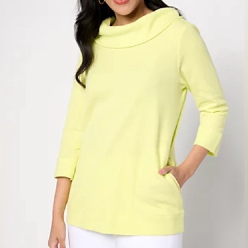 NEW - Denim & Co. Waffle Knit Cowl Neck 3/4-Sleeve Pullover A640901 Sunny Lime